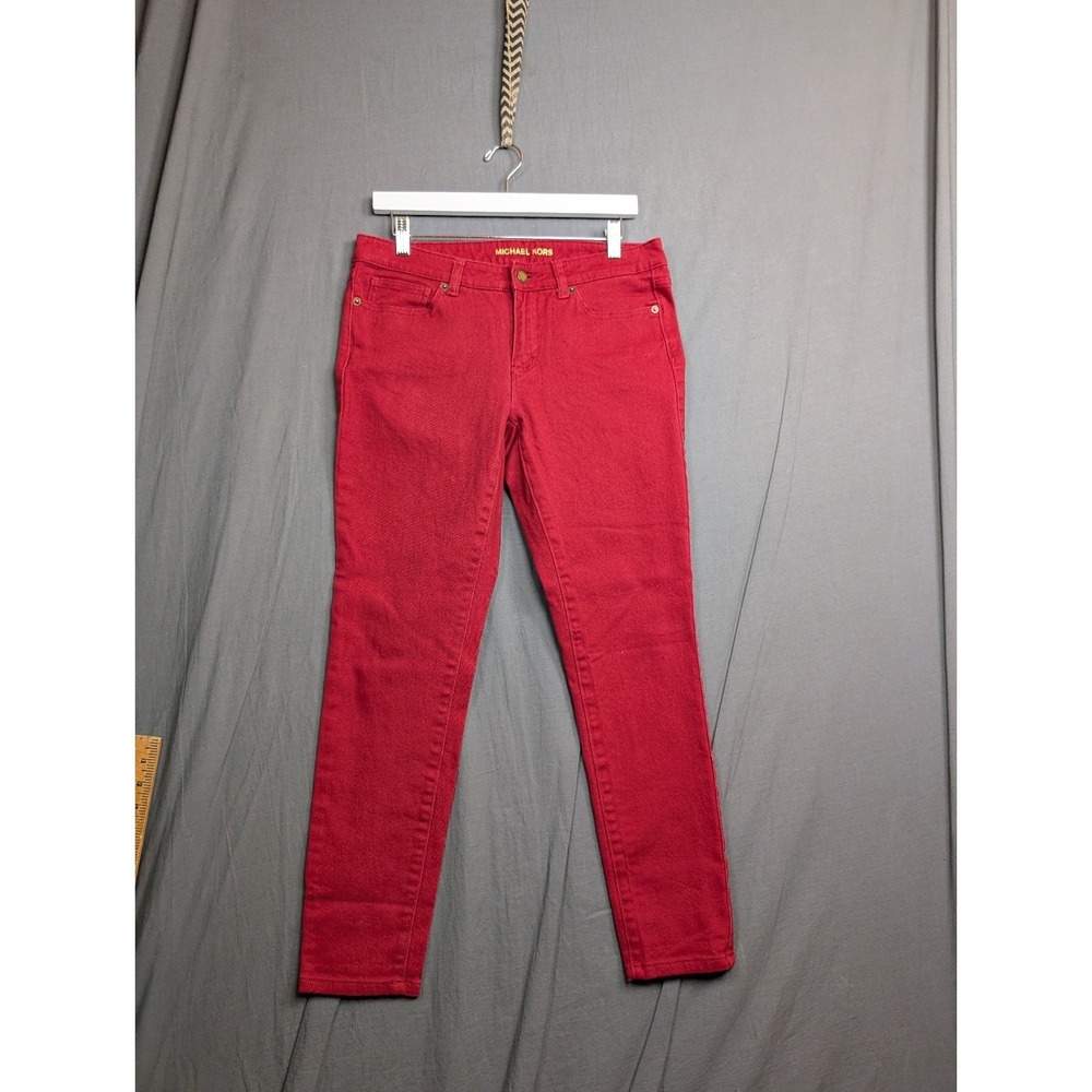 Michael Kors Womens Red Stretch Skinny Jeans Size 6 Gold Hardware MK Logo 2261